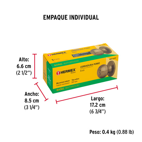 Cerradura tipo esfera, tubular, baño, antiguo, HERMEX BASIC | BALT-LA-BP | 23662