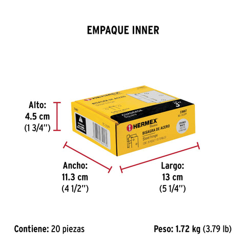 Bisagra cuadrada 3', satinado, cabeza plana, BASIC | BC-303PP | 23687