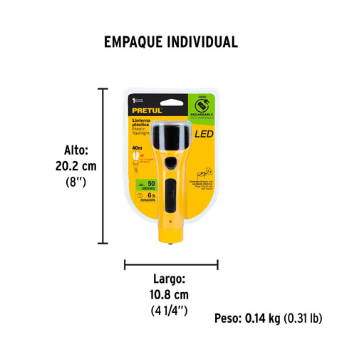 Linterna plástica de LED, 50 lm, recargable, PRETUL | LILE-3P | 24050