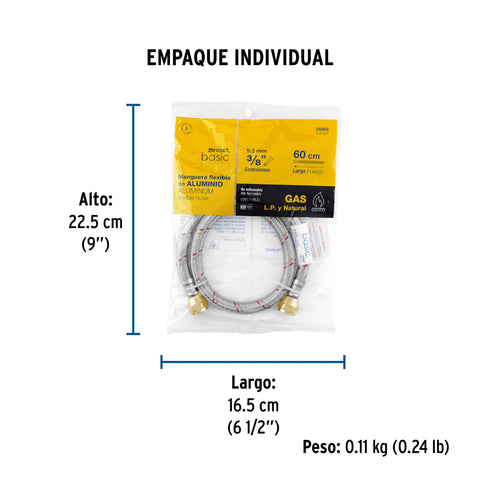 Manguera para gas, aluminio, 3/8' flare, 60 cm, FOSET BASIC | FGA-06P | 24060