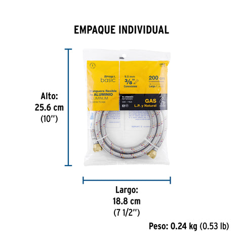 Manguera para gas, aluminio, 3/8' flare, 200 cm, FOSET BASIC | FGA-20P | 24063