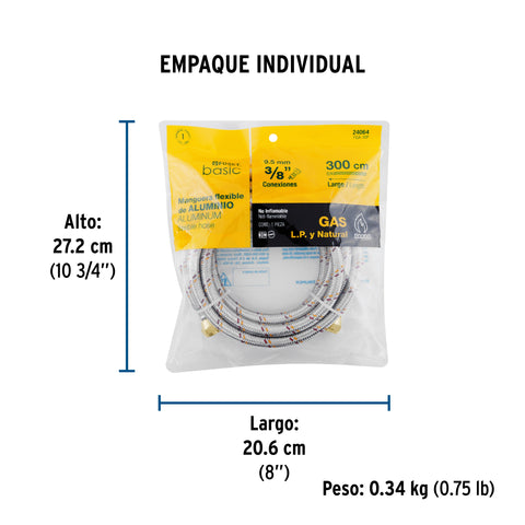 Manguera para gas, aluminio, 3/8' flare, 300 cm, FOSET BASIC | FGA-30P | 24064