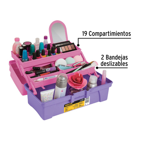 Caja cosmetiquera 14', doble bandeja, rosa, PRETUL | CCO-14RP | 25052