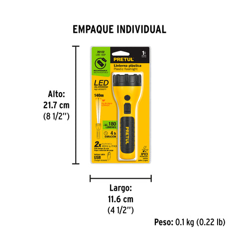 Linterna plástica de LED, 180 lm, recargable, PRETUL | LIRE-180P | 26102