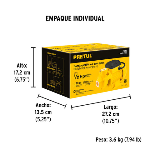 Bomba periférica 1/2HP, altura máx 20m, uso agrícola, PRETUL | BOAP-1/2P3 | 27019
