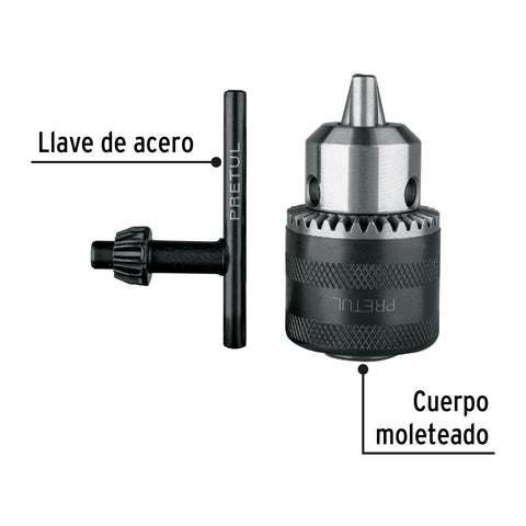 Broquero 3/8' con llave, cuerpo moleteado, PRETUL | BRO-3/8N-P | 27037