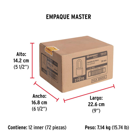 Candado de hierro color latón 30 mm, largo, caja, BASIC | CH-30PL | 27070