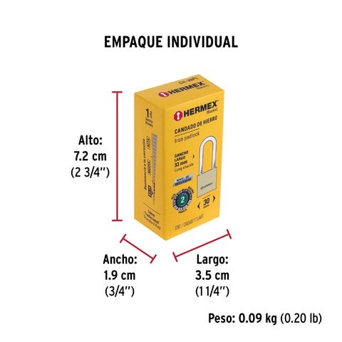 Candado de hierro color latón 30 mm, largo, caja, BASIC | CH-30PL | 27070