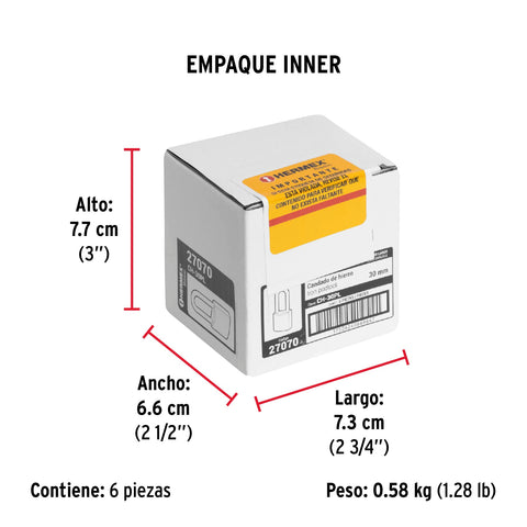 Candado de hierro color latón 30 mm, largo, caja, BASIC | CH-30PL | 27070
