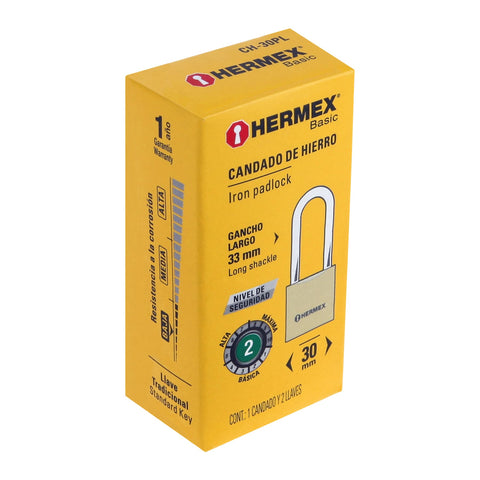 Candado de hierro color latón 30 mm, largo, caja, BASIC | CH-30PL | 27070