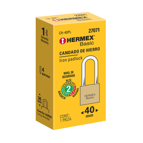 Candado de hierro color latón 40 mm, largo, caja, BASIC | CH-40PL | 27071