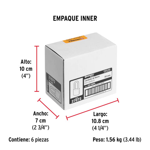 Candado de hierro color latón 50 mm, largo, caja, BASIC | CH-50PL | 27072