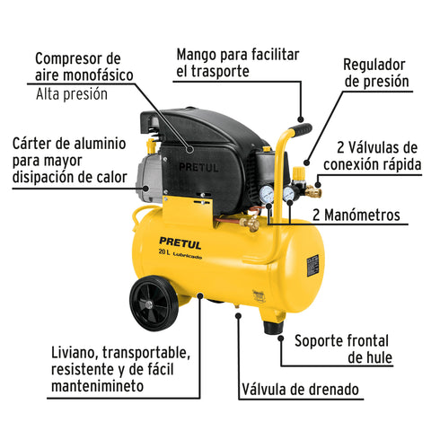 Kit Compresor lub, 20L, manguera y accesorios, 127V, PRETUL | COMP-KIT20P2 | 27106