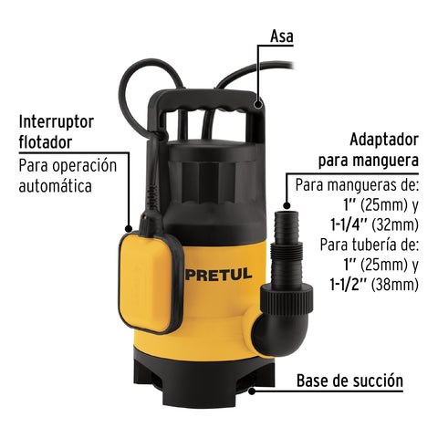 Bomba sumergible plástica, 1 HP para agua sucia, PRETUL | BOS-1SPP | 27198