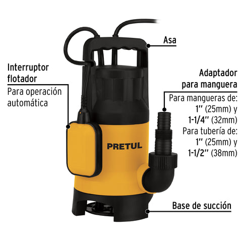 Bomba sumergible plástica, 1-1/2 HP para agua sucia, PRETUL | BOS-1-1/2SPP | 27199