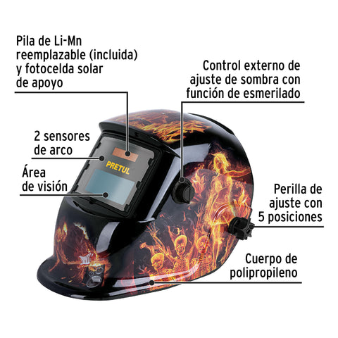 Careta electrónica p/soldar, fuego, sombra 9 a 13, PRETUL | CAREL-11FP | 27355
