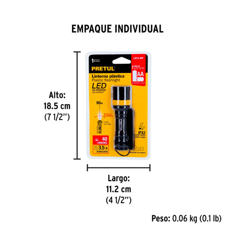 Linterna plástica 1 LED 40 lm de 1 pila AA, Pretul | LIPLA-40P | 28019