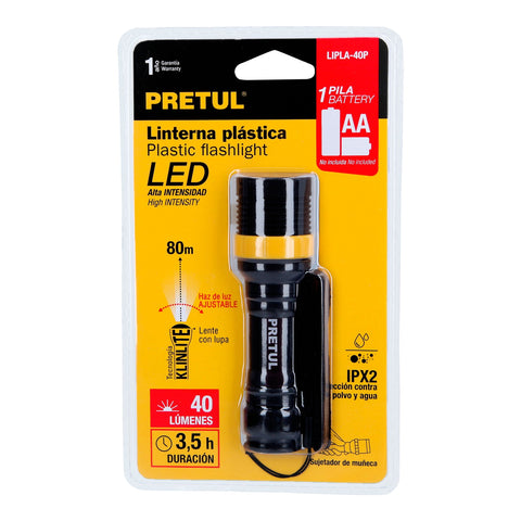 Linterna plástica 1 LED 40 lm de 1 pila AA, Pretul | LIPLA-40P | 28019