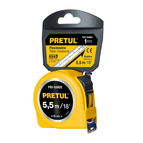 Flexómetro amarillo 5.5 m cinta 25 mm, en tarjeta, PRETUL | PRO-55MEB | 28022
