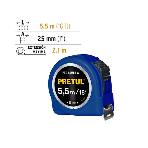 Flexómetro azul 5.5 m cinta 25 mm, en tarjeta, PRETUL | PRO-55MEB-A | 28023