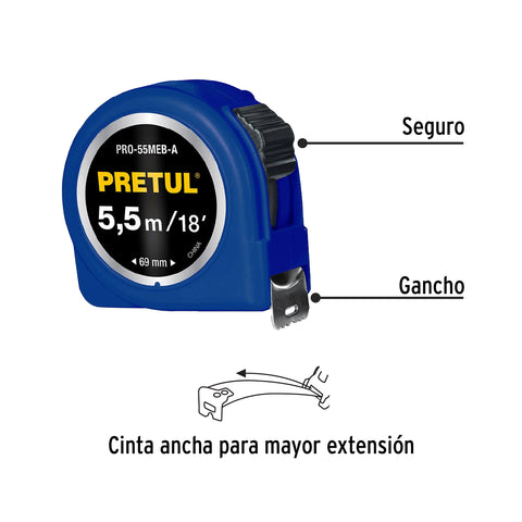 Flexómetro azul 5.5 m cinta 25 mm, en tarjeta, PRETUL | PRO-55MEB-A | 28023