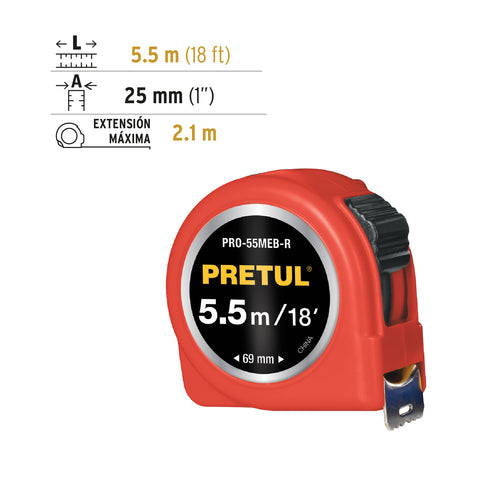 Flexómetro rojo 5.5 m cinta 25 mm, en tarjeta, PRETUL | PRO-55MEB-R | 28024