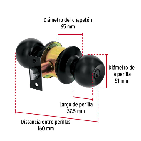 Cerradura tipo esfera, cilíndrico, recámara, negro, BASIC | BAL-NE-RP | 28138