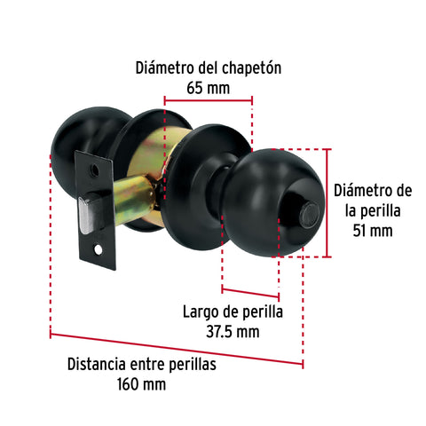 Cerradura tipo esfera, cilíndrico, baño, negro, BASIC | BAL-NE-BP | 28139