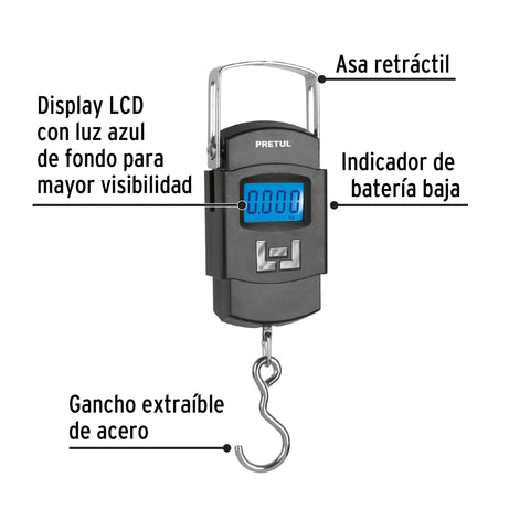Báscula electrónica colgante, de pilas, 50 kg, Pretul | BASE-50CP | 28180