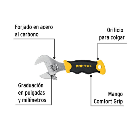 Llave ajustable (perico corto) 6' cromada con grip, Pretul | PECO-6P | 28219