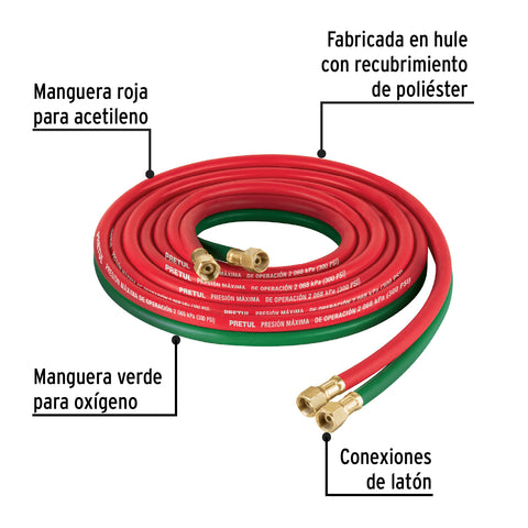 Manguera cuata reforzada de 4.5 m para oxiacetileno, PRETUL | M-CORSOL-P | 28301
