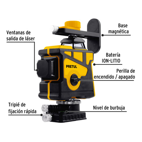 Nivel láser verde, alcance 25m, 12 líneas, recargable,PRETUL | NL-12P | 29005