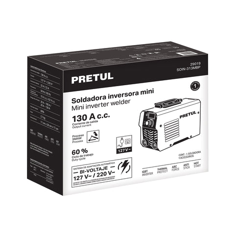 Mini soldadora inversora 130A, bi-voltaje, Serie 300, PRETUL | SOIN-313MBP | 29019
