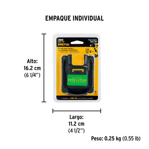 Batería ion litio, 12V, 2 Ah, PRETUL | BAT-12P | 29968