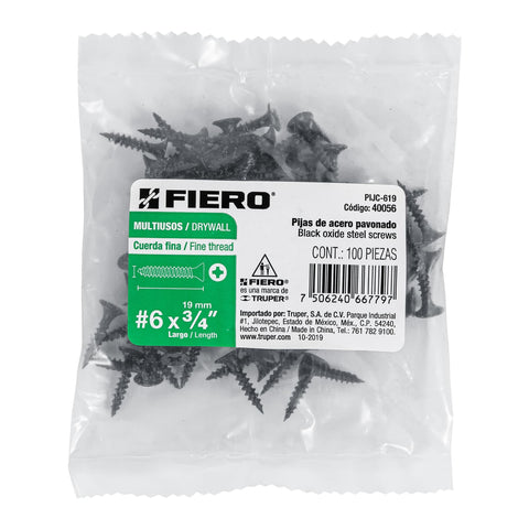 Bolsa con 100 pijas #6 x 3/4' multiusos cuerda fina, FIERO | PIJC-619 | 40056