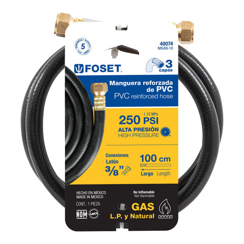 Manguera para gas, PVC negra, 3/8' flare,1 m, FOSET | MGAN-10 | 40074