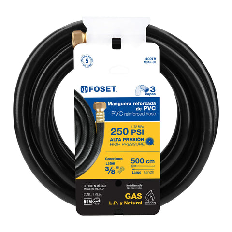 Manguera para gas, PVC negra, 3/8' flare, 5 m, FOSET | MGAN-50 | 40079