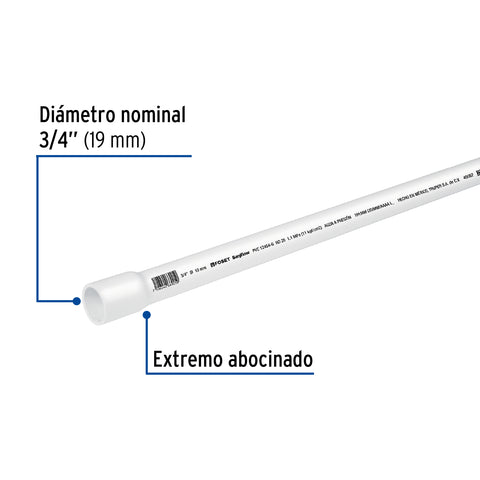 Tubo de 3/4' PVC hidráulico RD 26, 3m, 0.5kg, FOSET | PVC-102 | 40082
