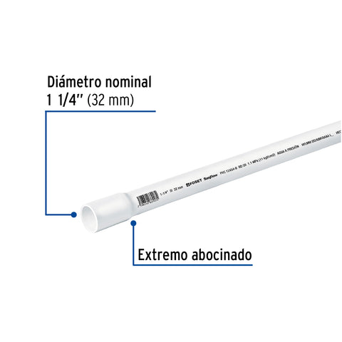 Tubo de 1-1/4' PVC hidráulico RD 26, 3m, 0.9kg, FOSET | PVC-104 | 40084