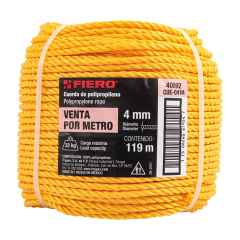 Metro de cuerda amarilla de polipropileno 4 mm, rollo 119m | CUE-041M | 40092