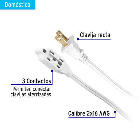Extensión eléctrica doméstica 8 m clavija recta, blanca | ED-8BR | 40156