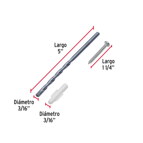 Kit de 20 taquetes 3/16' con pijas #6 y 1 broca 3/16', FIERO | TQ-3/16J | 40158