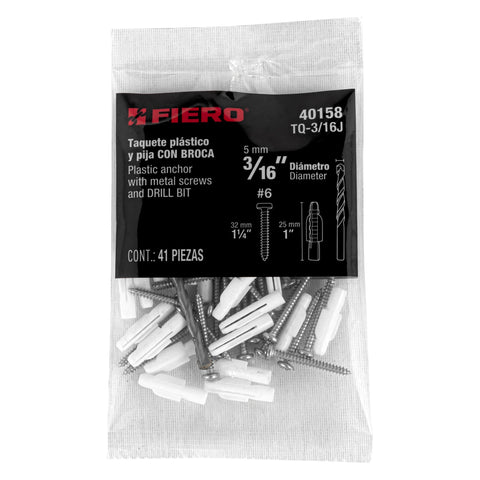 Kit de 20 taquetes 3/16' con pijas #6 y 1 broca 3/16', FIERO | TQ-3/16J | 40158