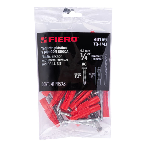 Kit de 20 taquetes 1/4' con pijas #8 y 1 broca 1/4', FIERO | TQ-1/4J | 40159