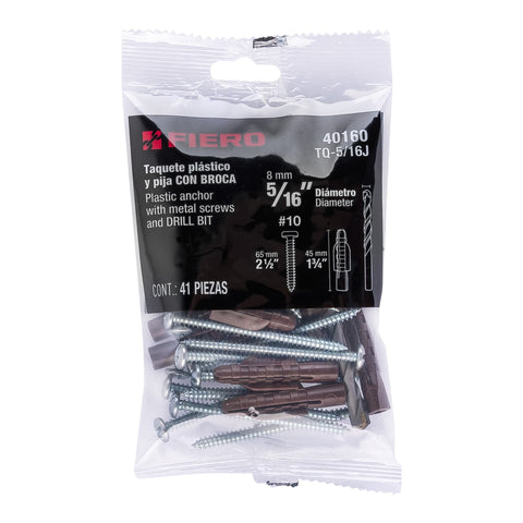 Kit de 20 taquetes 5/16'con pijas #10 y 1 broca 5/16', FIERO | TQ-5/16J | 40160