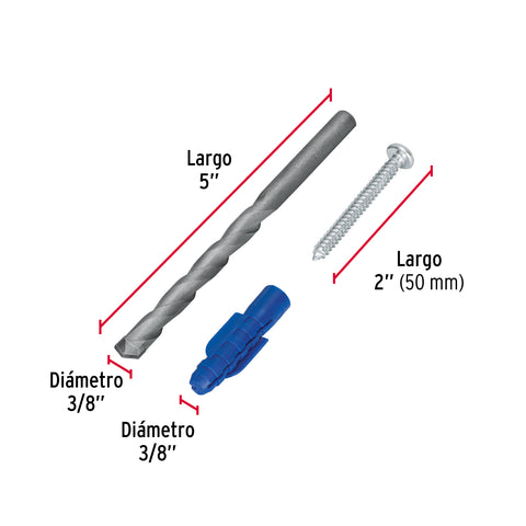 Kit de 20 taquetes 3/8' con pijas #12 y 1 broca 3/8', FIERO | TQ-3/8J | 40161