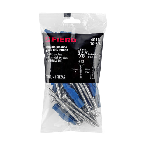 Kit de 20 taquetes 3/8' con pijas #12 y 1 broca 3/8', FIERO | TQ-3/8J | 40161