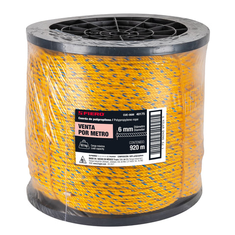 Metro de cuerda amarilla de polipropileno 6mm, carrete 920m | CUE-06M | 40175