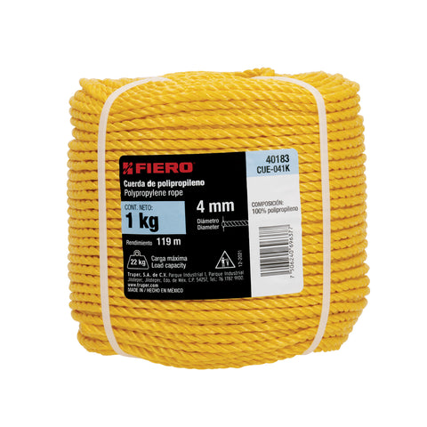 Kilo de cuerda amarilla de polipropileno 4 mm, rollo 1kg | CUE-041K | 40183