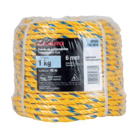 Kilo de cuerda amarilla de polipropileno 6 mm, rollo 1kg | CUE-061K | 40184